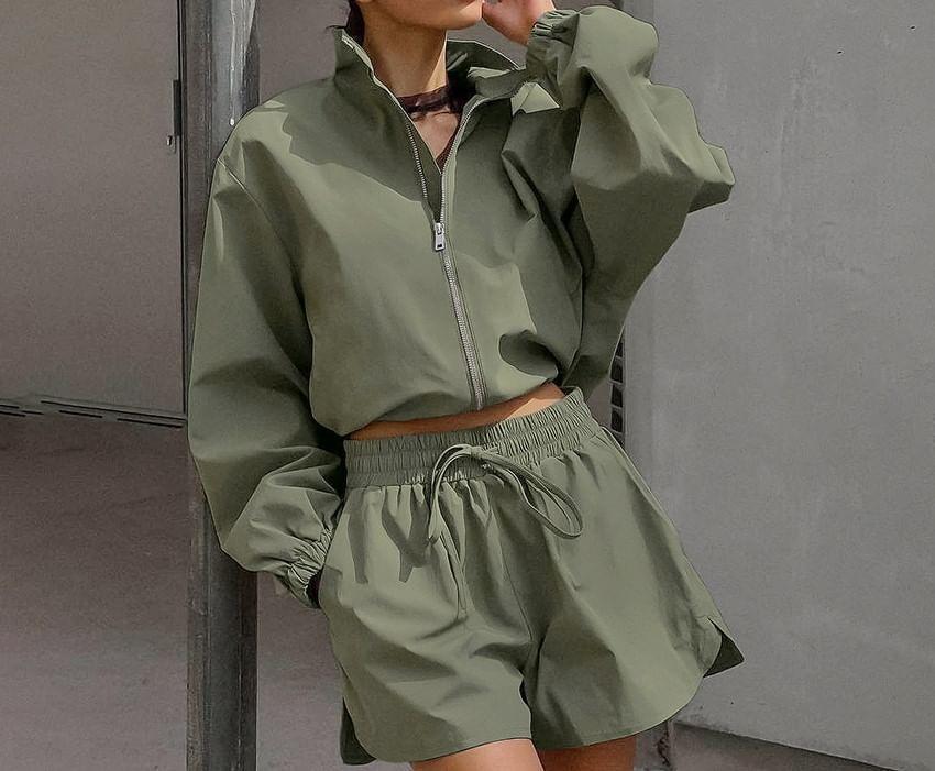 Set: Stand Collar Plain Zip-Up Crop Jacket + High Waist Wide Leg Shorts Product Image