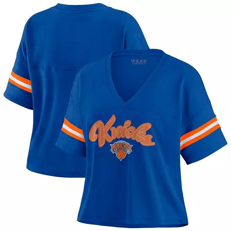 Womens WEAR by Erin Andrews New York Knicks Plus Size Color Block Boxy V-Neck T-Shirt Product Image