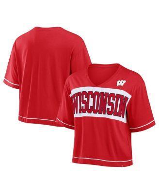 Women's Red Wisconsin Badgers Home Team Bold Fashion Modest V-Neck Cropped T-Shirt Product Image