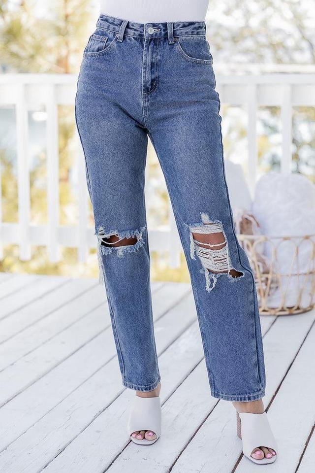 Rosalind High Rise Distressed Medium Wash Straight Leg Jeans FINAL SALE Product Image