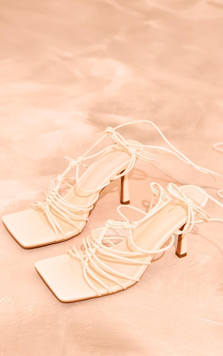 Cream PU Square Toe Woven Lace Heeled Sandals Product Image