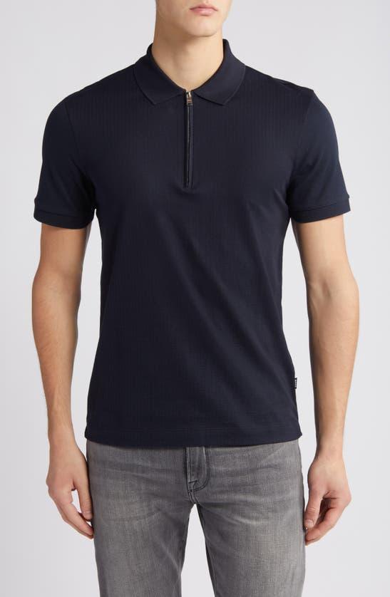 HUGO BOSS Structured-cotton Slim-fit Polo Shirt With Zip Placket In Dark Blue Product Image