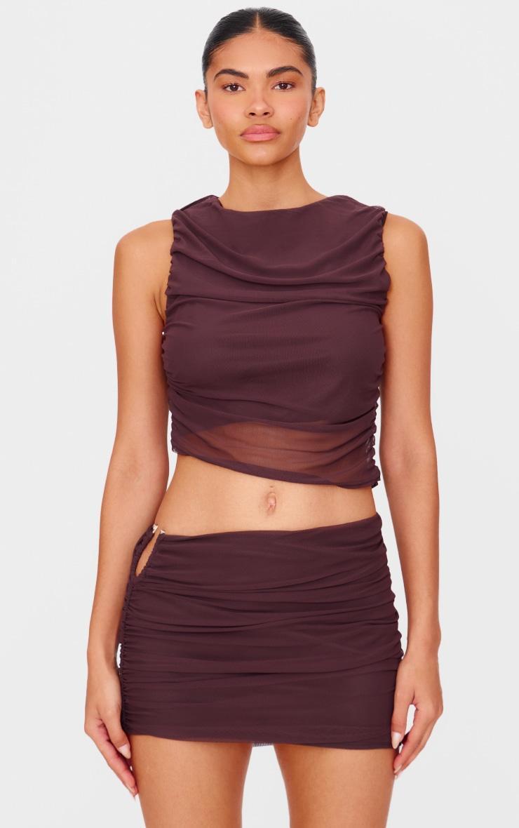 Chocolate Brown Mesh Ruched Trim Detail Crop Top Product Image