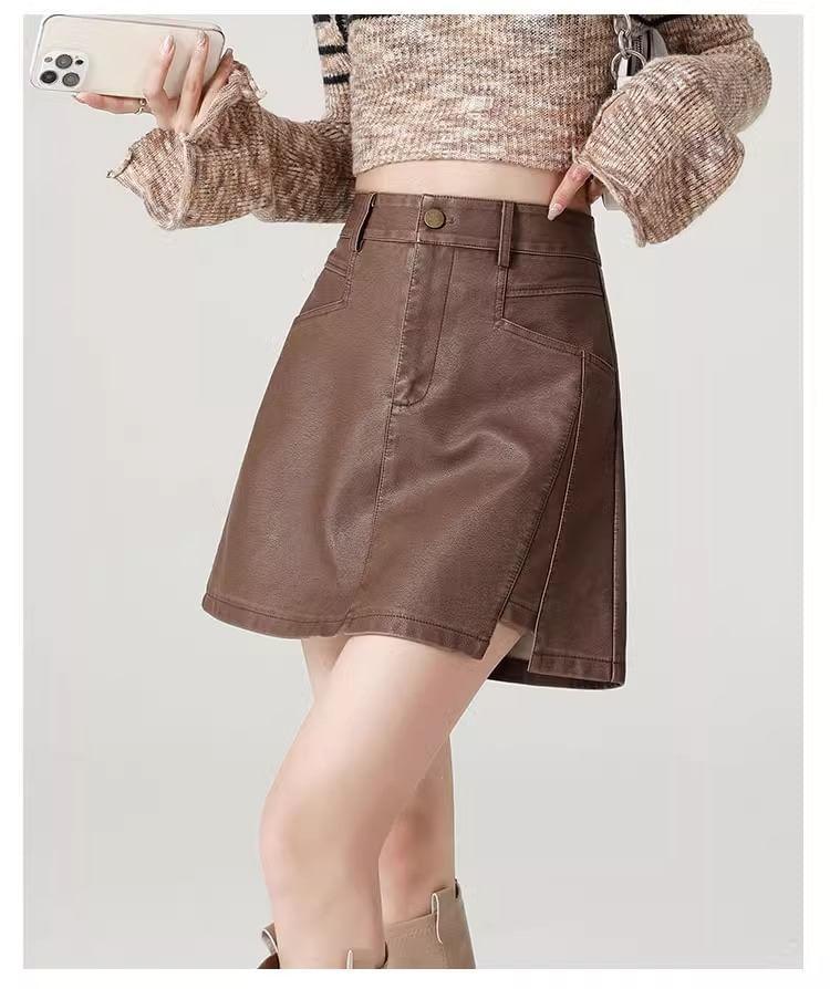 High Waist Plain Asymmetrical Faux Leather Mini A-Line Skirt Product Image