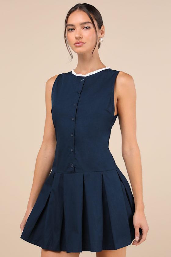 Gitas Navy Blue Cotton Lace Button-Up Drop Waist Mini Dress Product Image