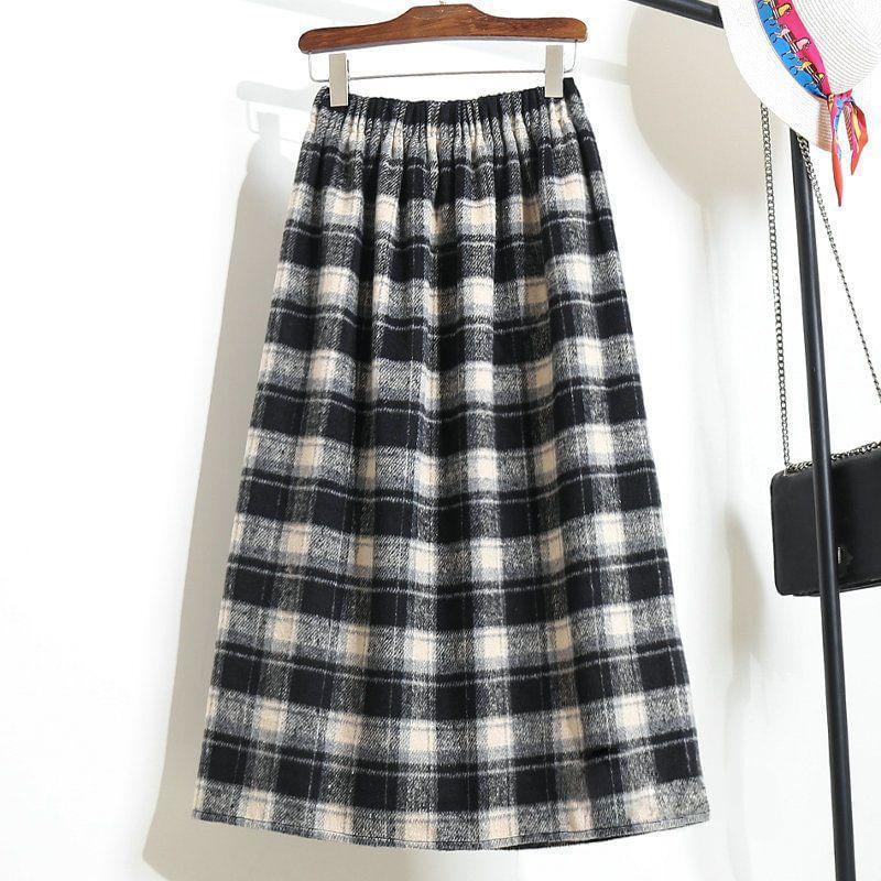 High Waist Plaid Side-Slit Midi A-Line Skirt product image