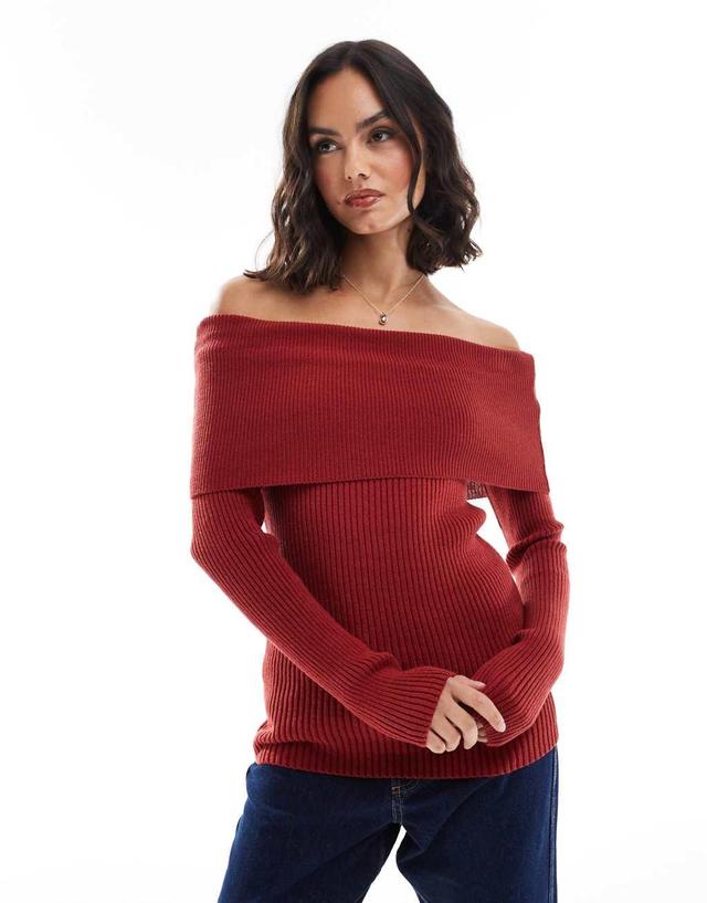 ASOS DESIGN knitted bardot top in burgundy Product Image