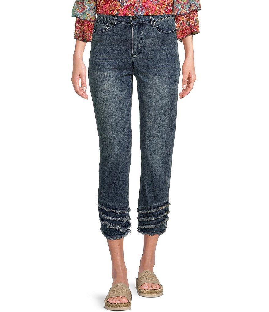 John Mark Petite Size Stretch Denim Straight Leg Tiered Frayed Hem Cropped Jeans Product Image