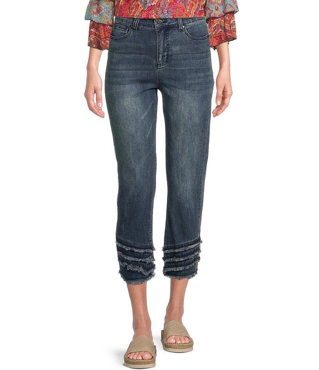 John Mark Petite Size Stretch Denim Straight Leg Tiered Frayed Hem Cropped Jeans Product Image