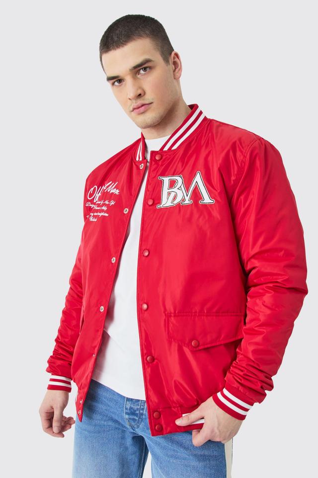 Tall Nylon Varsity Jacket With Badges | boohooMAN USA Product Image