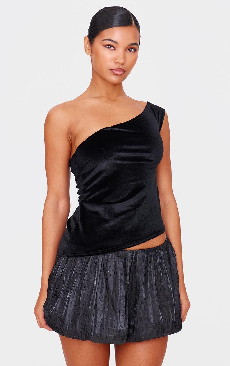 Black Satin Embellished Puffball Mini Skirt Product Image