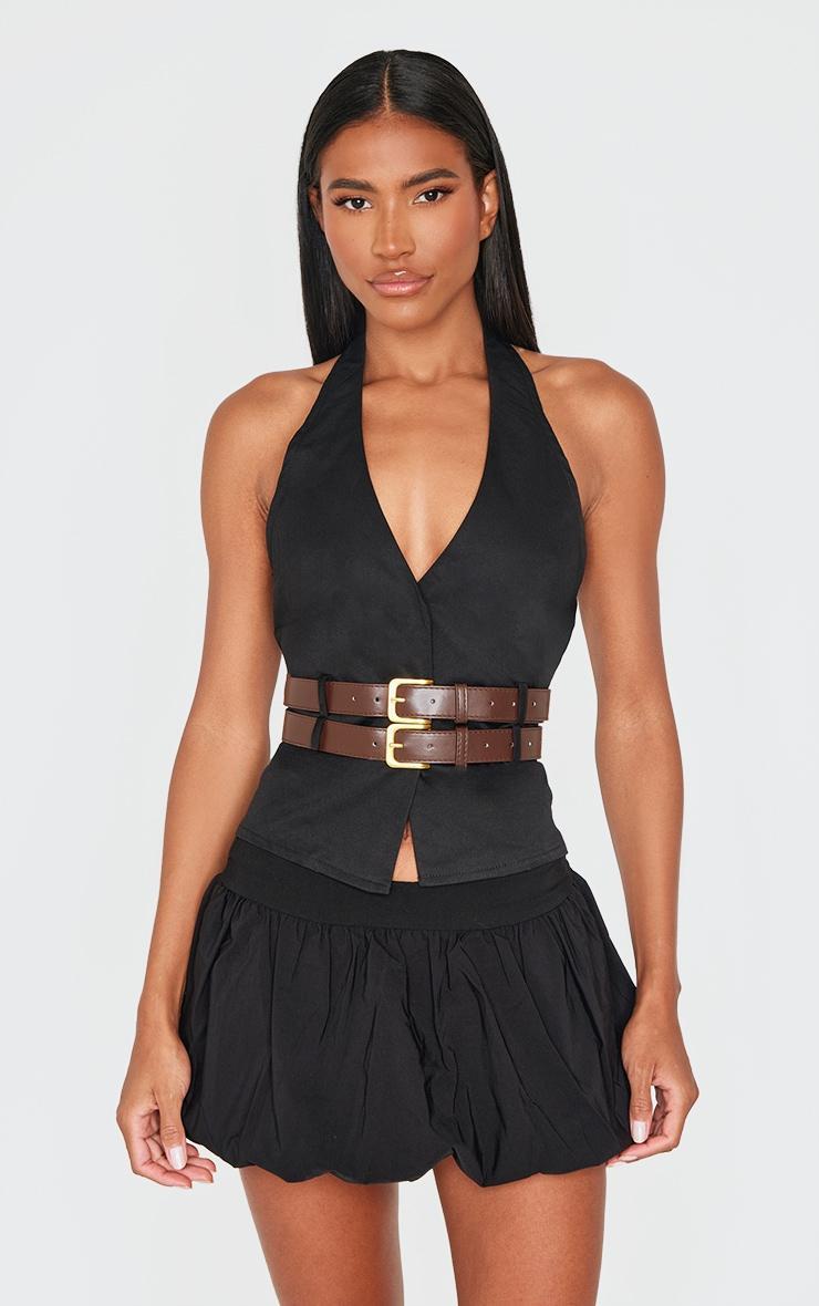 Black Halterneck Belt Detail Long Top Product Image