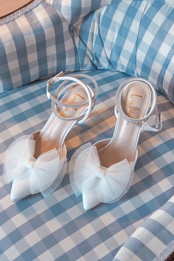 Lelanee White Satin Rhinestone Bow Ankle Strap Pumps Product Image