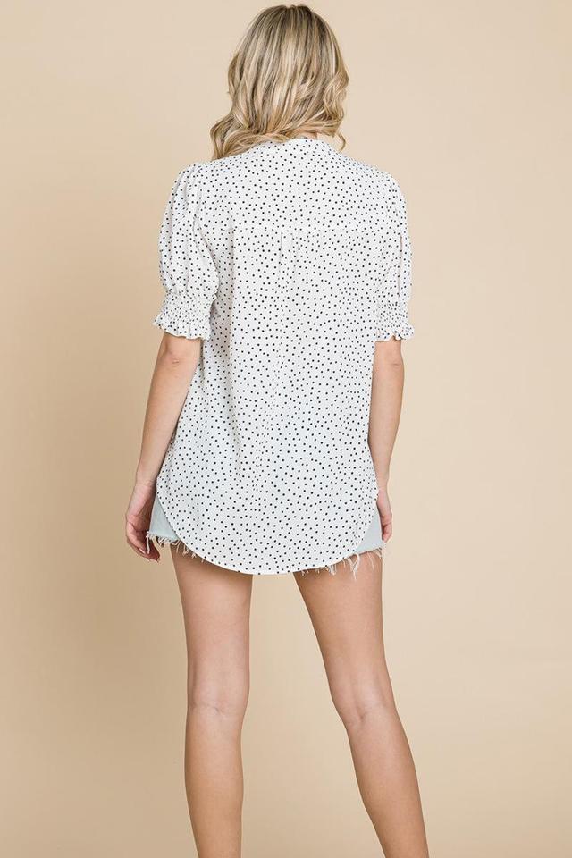 V Neck Polka Dot Short Smocked Sleeve Blouse Product Image