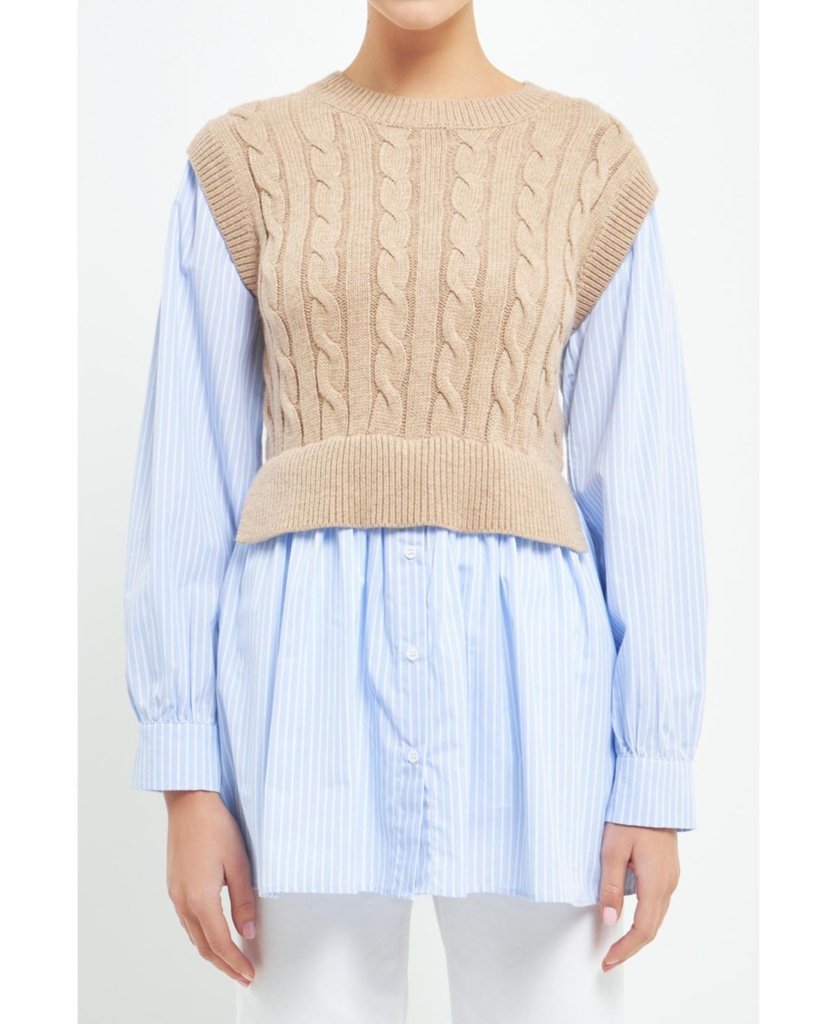 Womens Cable Knit Long Striped Sweater Shirt Product Image