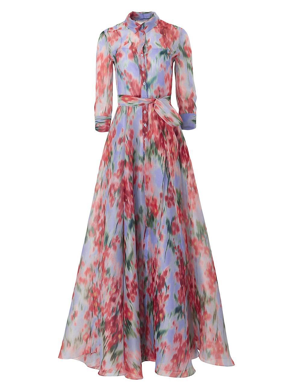 Womens Floral Silk Tie-Waist Shirt Gown Product Image