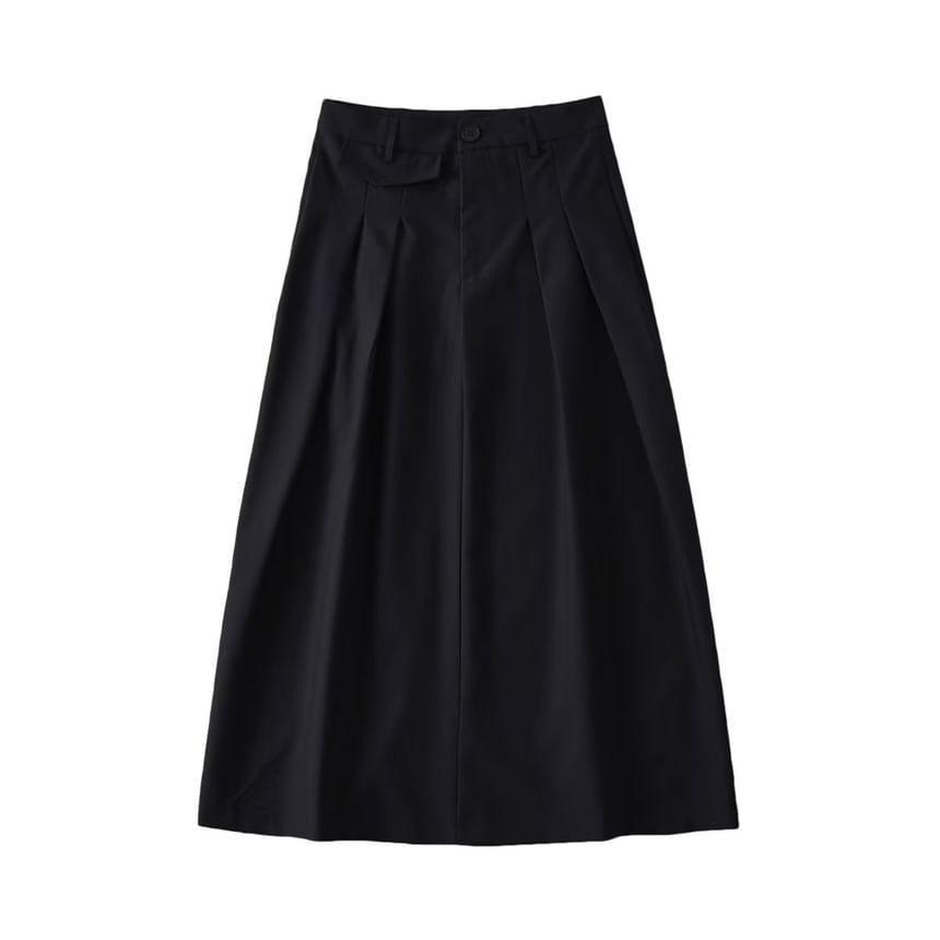 High Waist Plain Midi A-Line Pleated Suit Skirt Product Image