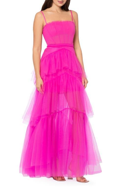 Betsy  Adam Illusion Tiered Ruffled Tulle Square Neck Mesh Sleeveless Gown Product Image