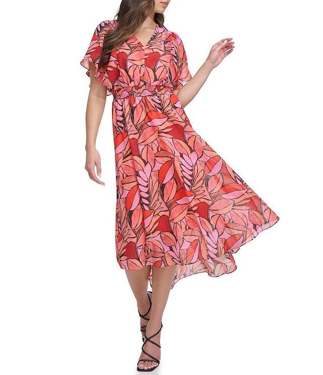 DKNY Petite Size Short Flutter Sleeve V-Neck Printed Fit and Flare Maxi Dress Product Image