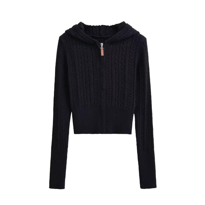 Hooded Cable Knit Zip Up Cropped Cardigan product image