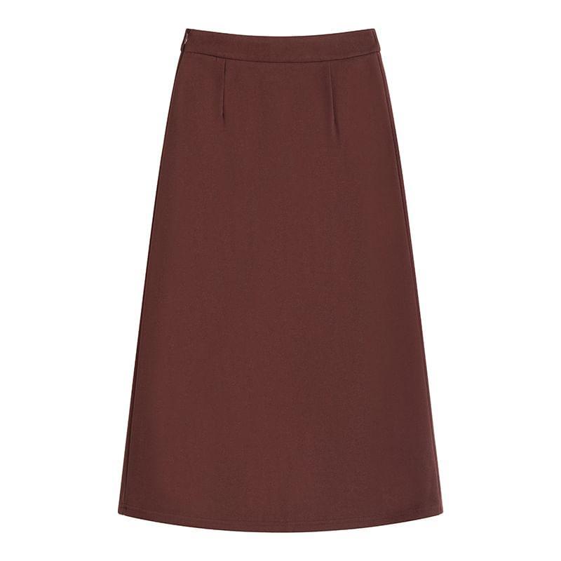 High Waist Plain Slit Midi A-Line Skirt Product Image