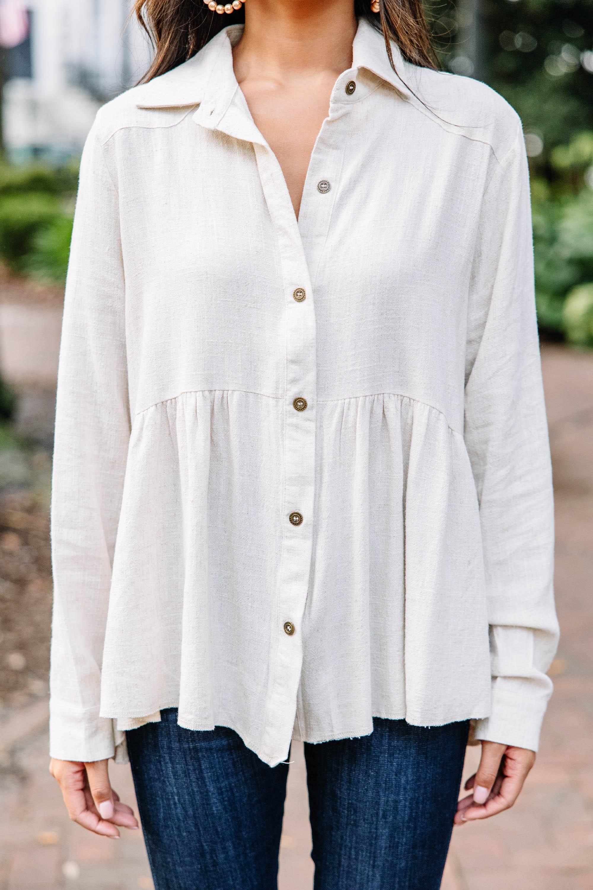 Call On Me Oatmeal White Linen Top Female Product Image