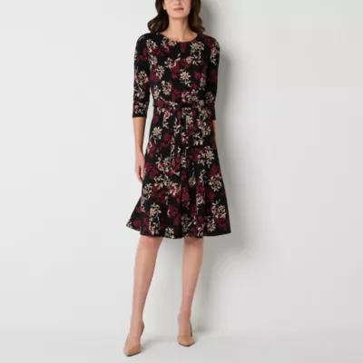 Perceptions Womens 3/4 Sleeve Scroll Fit + Flare Dress Product Image