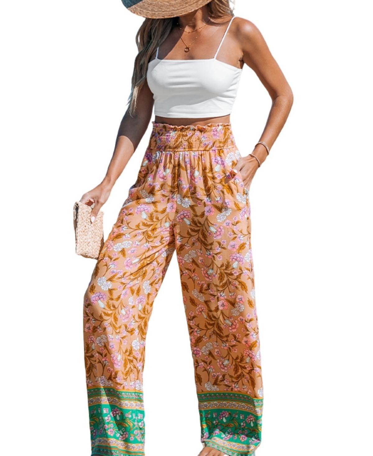 Cupshe Womens Orange Floral Smocked Waist Straight Leg Pants Product Image