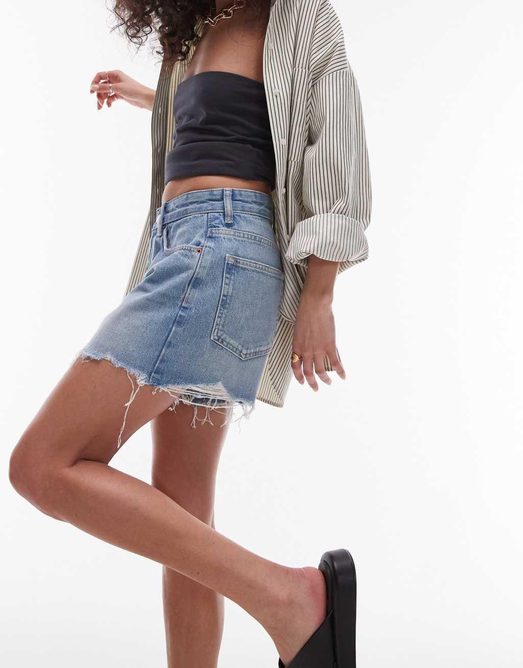 Topshop denim A line rip mom shorts in vintage blue  Product Image