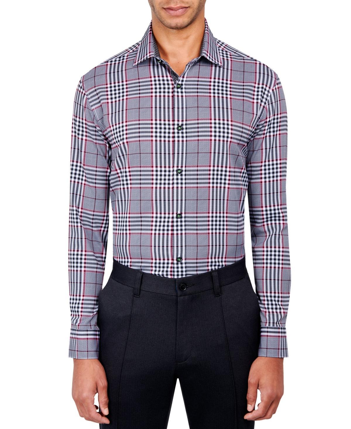 Mens Slim Fit Non-Iron Plaid-Print Performance Stretch Dress Shirt Product Image