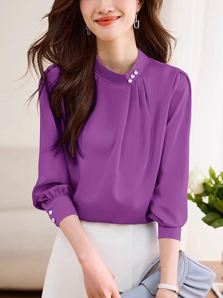 Long-Sleeve Stand Collar Plain Faux Pearl Accent Ruched Blouse Product Image