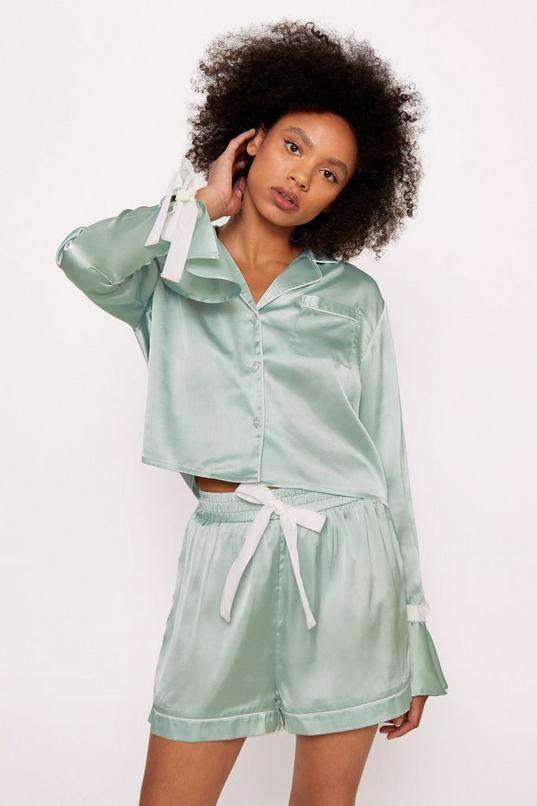 Satin Contrast Velvet Tie Cuff Pajama Shirt and Shorts Set Product Image