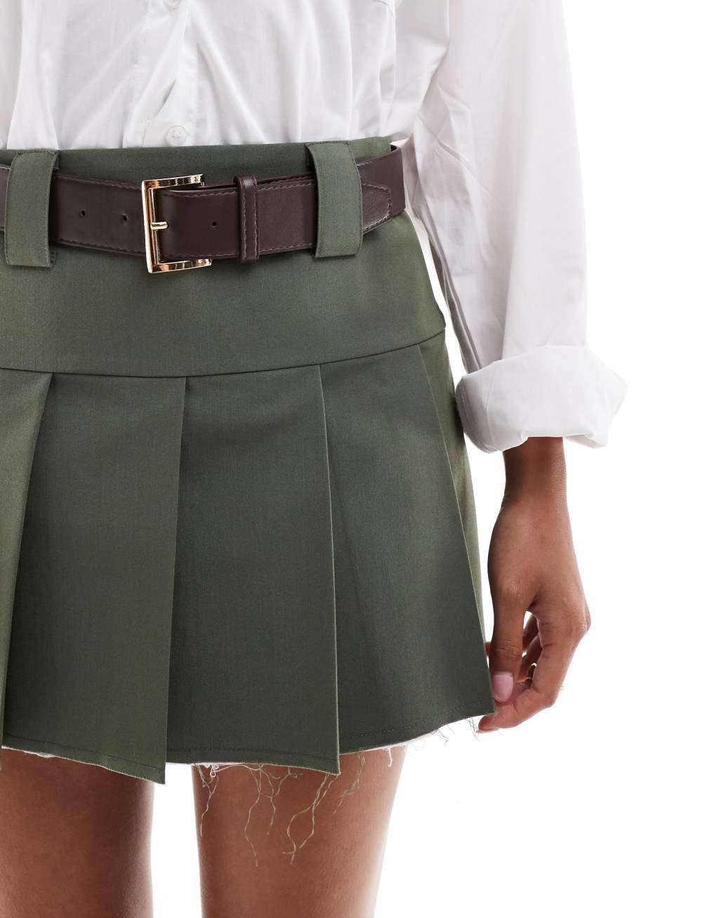 ASOS DESIGN Petite tailored belted mini skirt with exposed lining in khaki Product Image