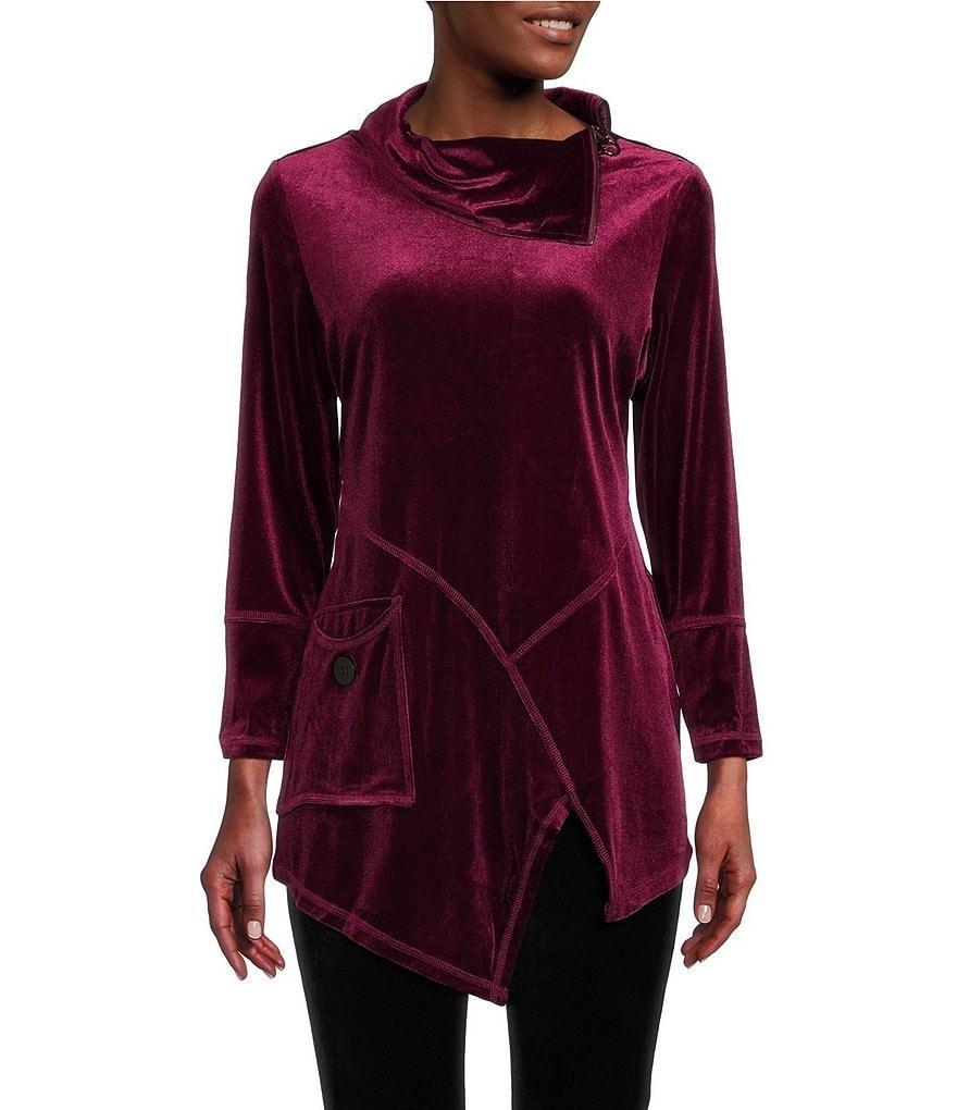 Calessa Solid Velvet Knit Zipper Asymmetric Neck Long Sleeve Patch Pocket Tunic Product Image