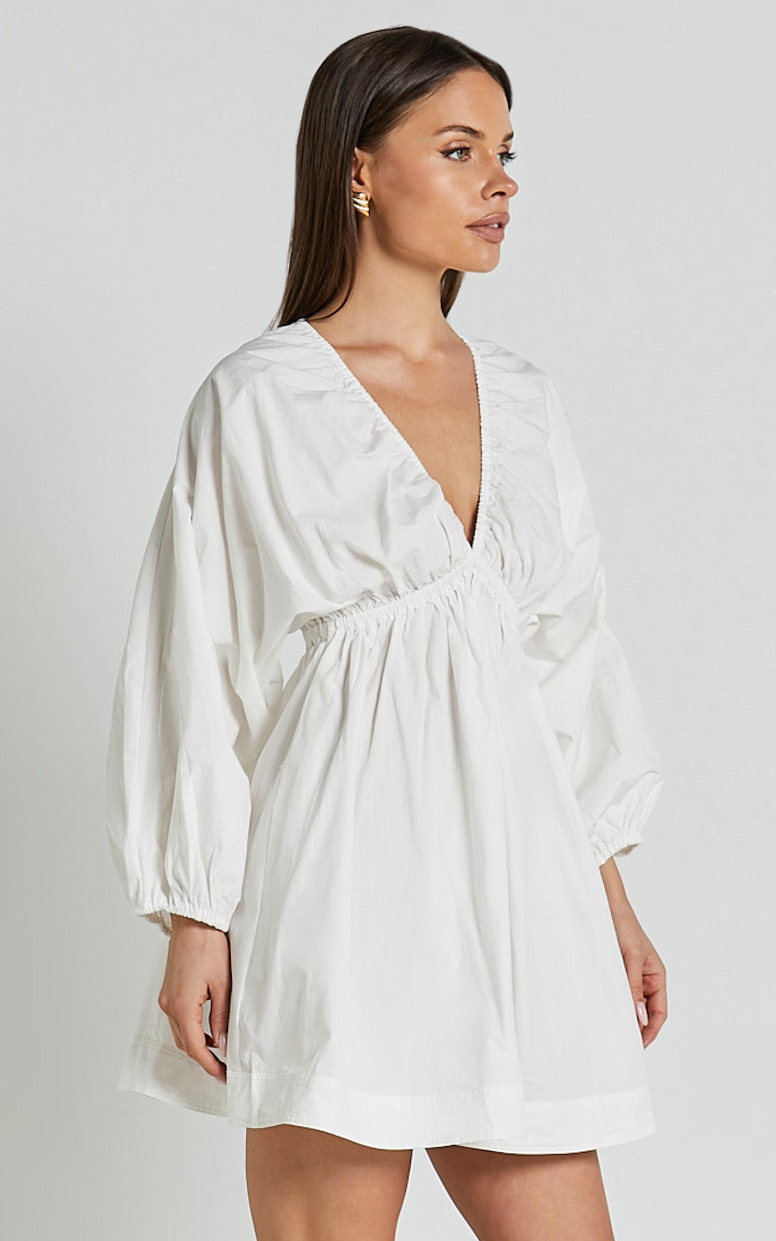 Josette Mini Dress - Plunge Neck Balloon Sleeve Smock Dress in Off White Product Image