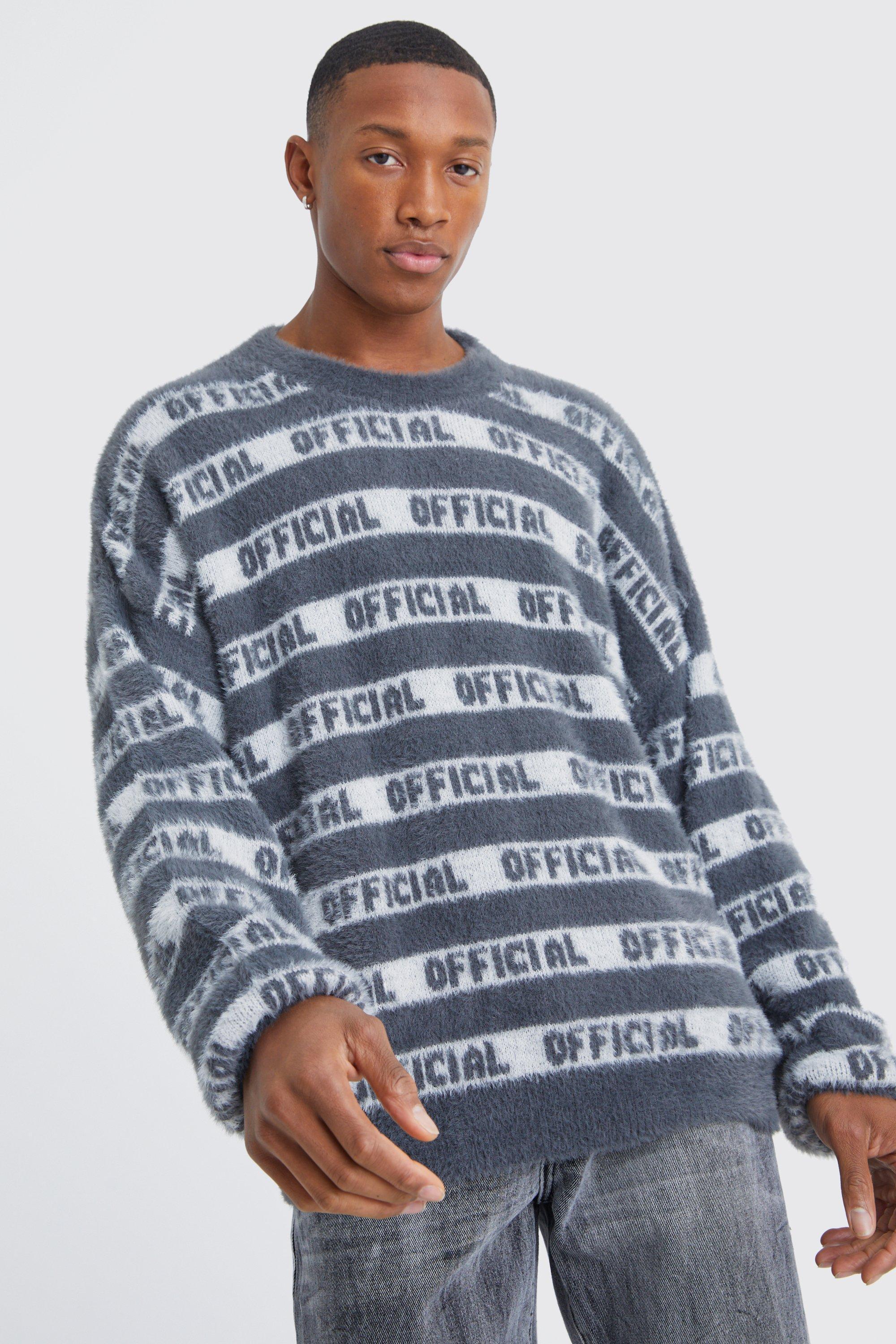 Oversized Fluffy Knitted Official Stripe Jumper | boohooMAN USA Product Image