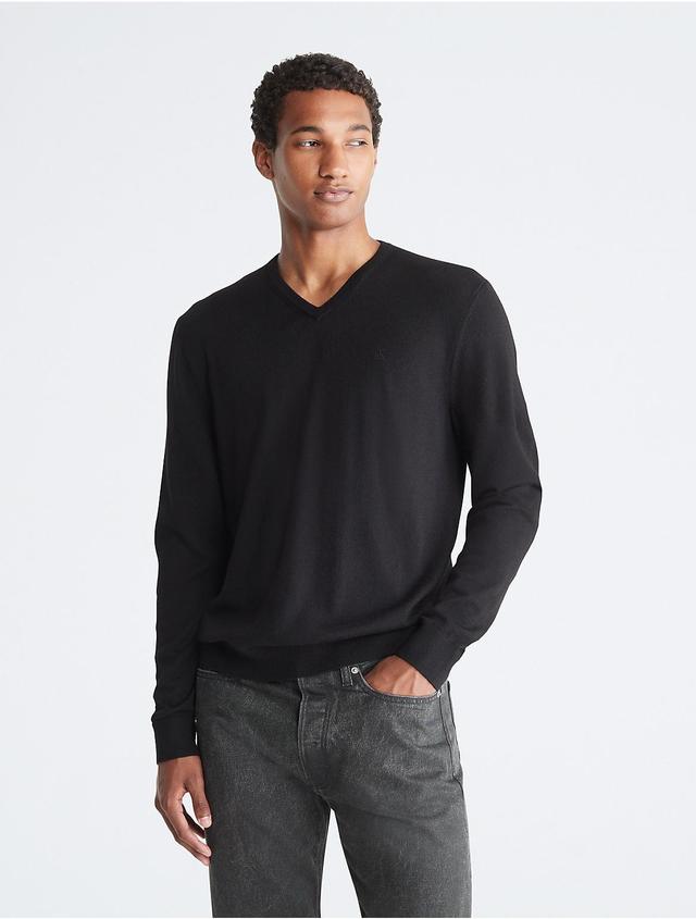 Calvin Klein Mens Extra Fine Merino Wool Blend V-Neck Sweater - Grey - M Product Image