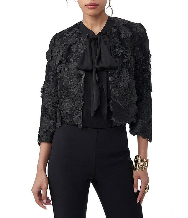 Trina Turk Dalina Eden 3D Floral Embroidered Round Neck 3/4 Sleeve Cropped Jacket Product Image