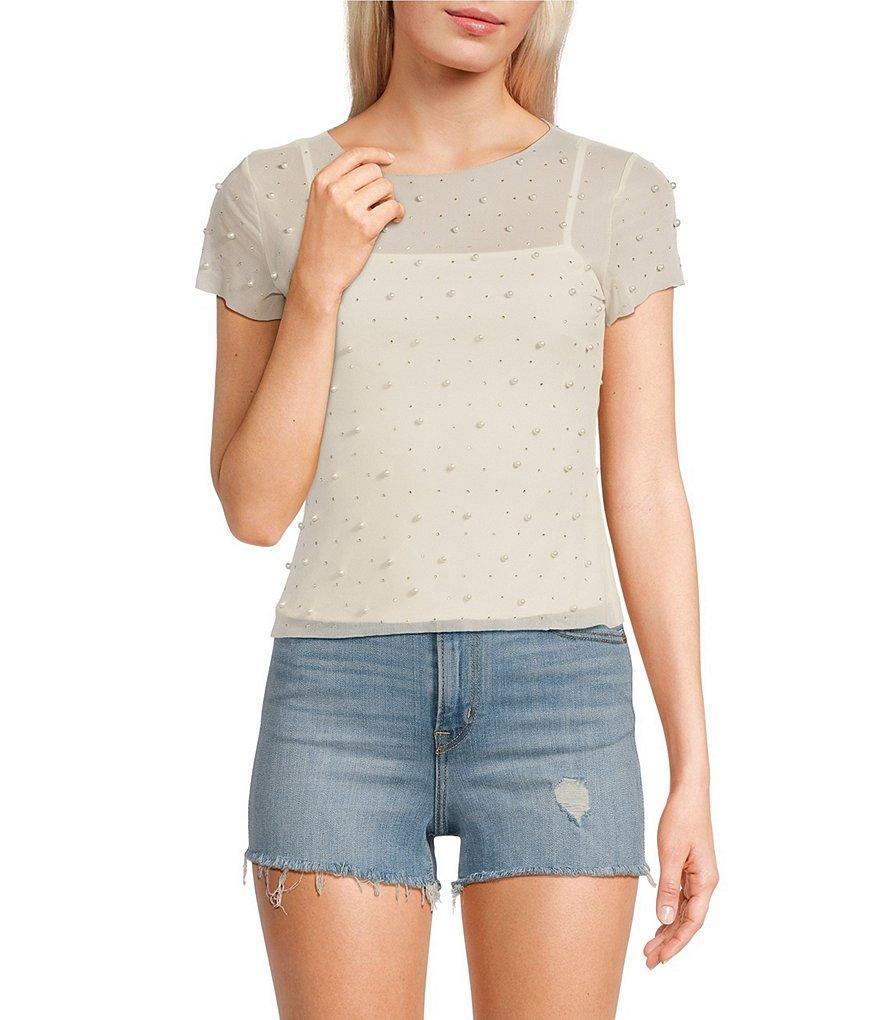 Honey & Sparkle Short Sleeve Rhinestone Pearl Mesh Top Product Image