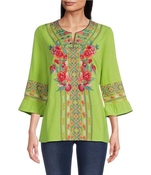 Calessa Embroidered Patchwork Split Round Neck 3/4 Sleeve Tunic Product Image