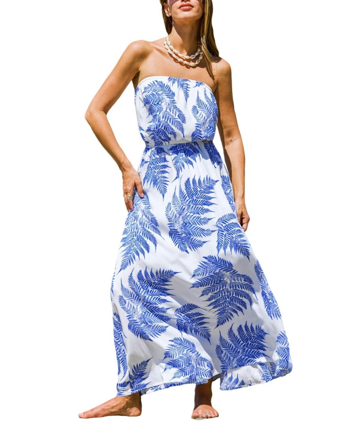 Cupshe Womens Blue Palm Leaf Tube Midi Beach Dress - White Product Image