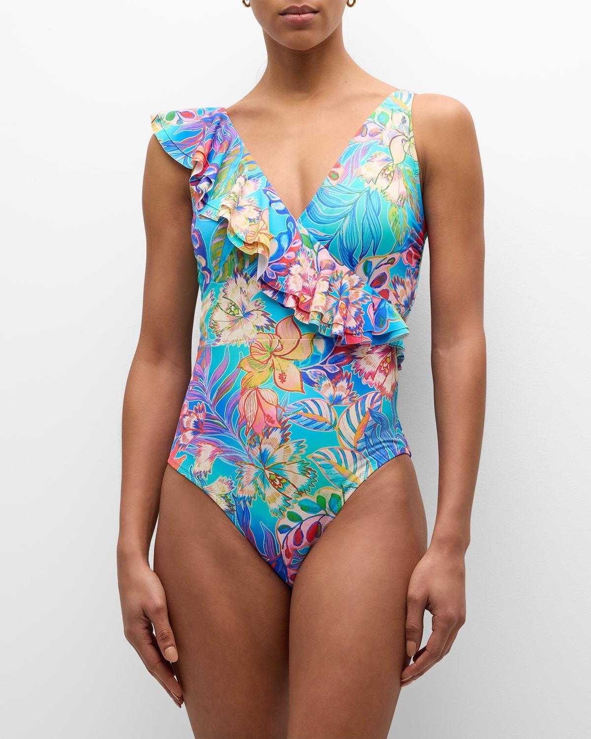 Womens Helena Floral Ruffled One-Piece Swimsuit Product Image