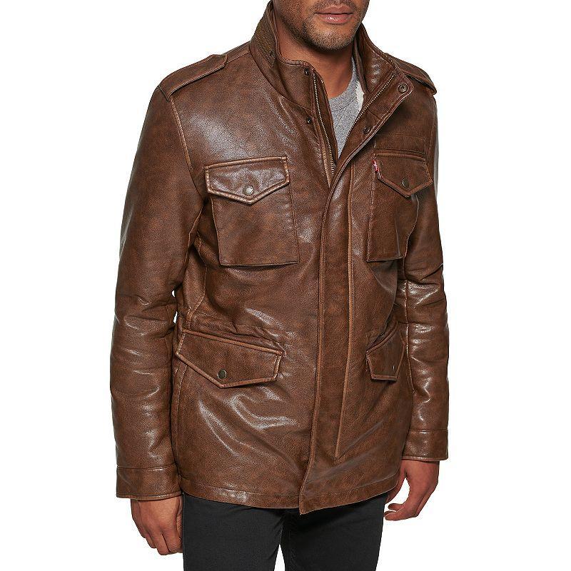 Mens Levis Faux-Leather Sherpa-Lined Military Bomber Jacket Brown Product Image