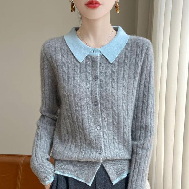 Mock Two-Piece Collared Cable Knit Cardigan Product Image