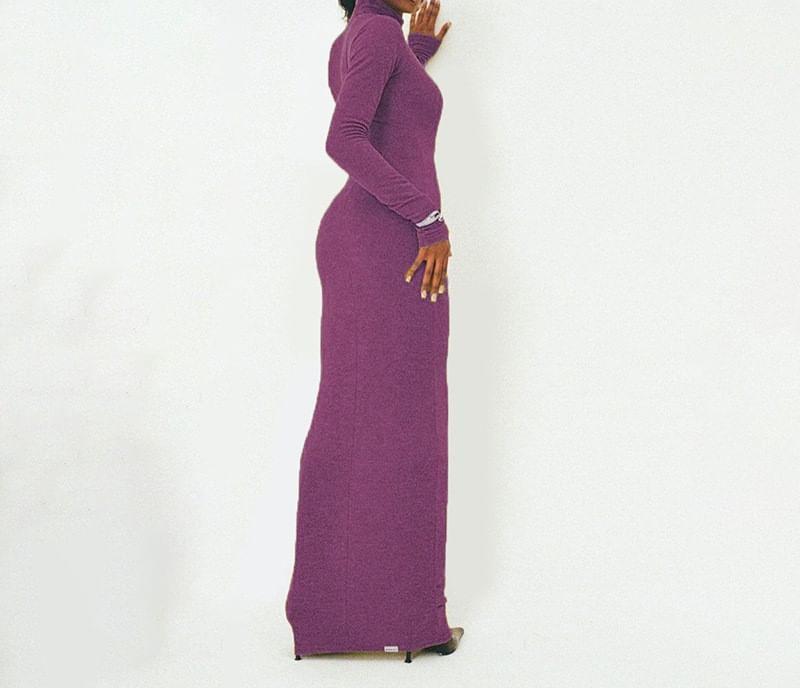 Long-Sleeve Turtleneck Plain Maxi Sheath Dress Product Image