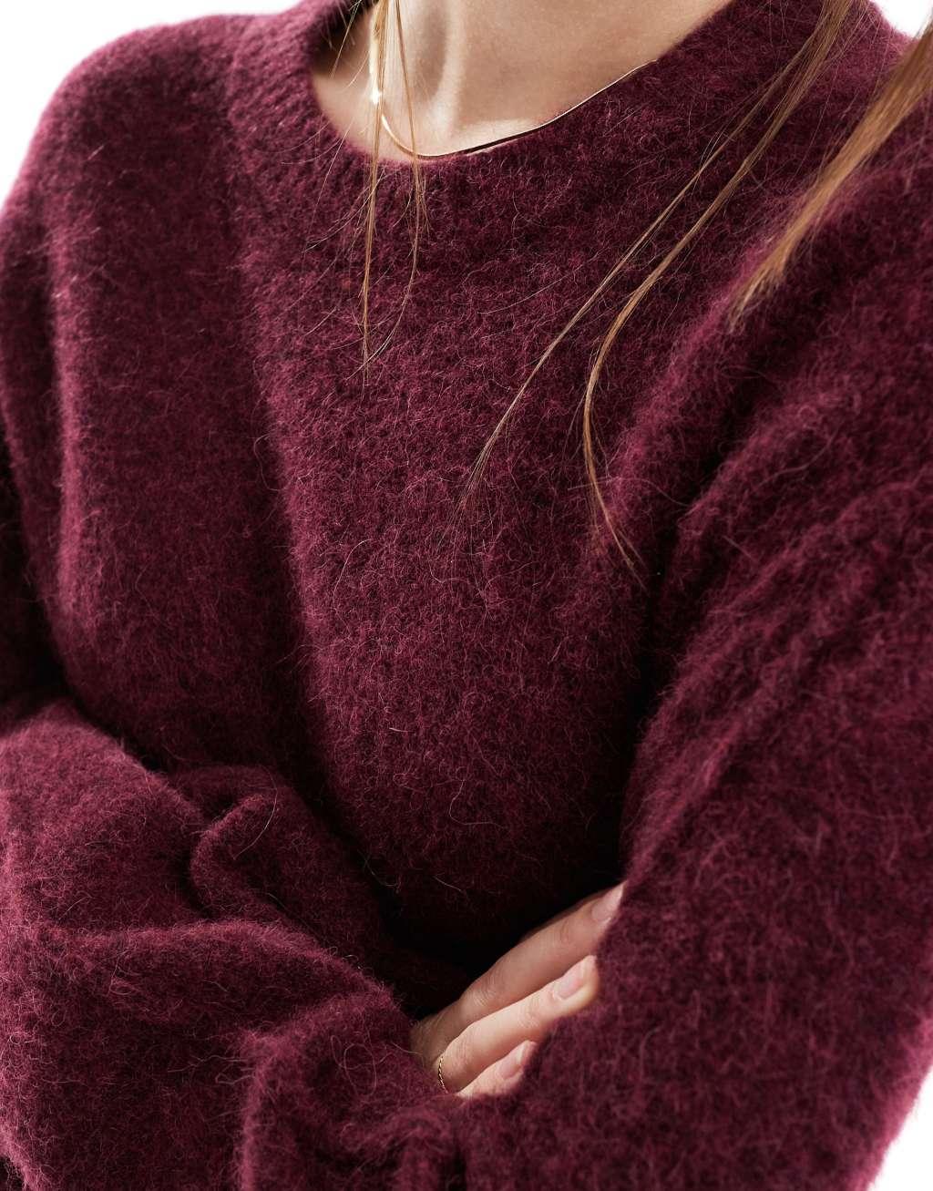 & Other Stories alpaca and wool blend fluffy knit sweater in dark wine Product Image