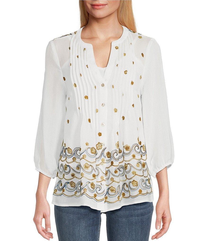 Figueroa & Flower Embroidered Peasant Mandarin Collar Pintuck Button Front Long Sleeve Blouse Product Image