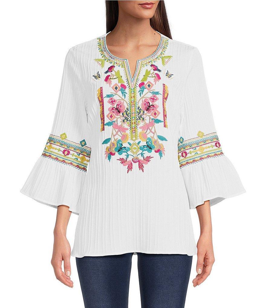 Calessa Petite Size Embroidered Crinkle Woven Split Round Neck 3/4 Ruffled Bell Sleeve Tunic Product Image