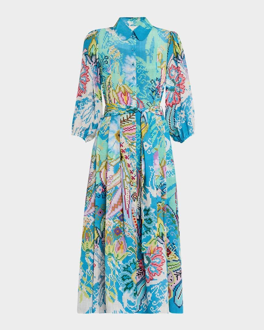 Floral Digital-Print Puff-Sleeve Midi Shirtdress With Belt Product Image