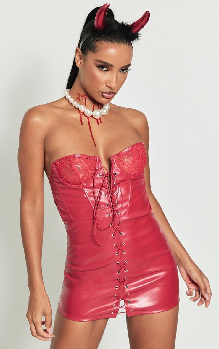 Red Lace Up Detail Faux Leather Lingerie Slip Dress Product Image